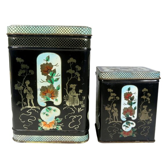 Chinoiserie Tole Tin Set of 2 Decorated Black Hinged Lid Box Vintage England - Picture 2 of 8